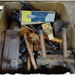 A box of carpentry planes, and mortise gauge