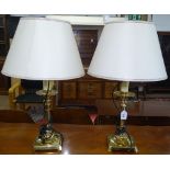 A pair of brass table lamps and shades, height including shade 66cm