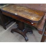 A Regency rosewood foldover card table, on a tapered centre column and platform base, W91cm