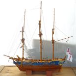 A scratch-built model of a 3 masted sailing ship, in glass case on pine plinth, height 51cm overall