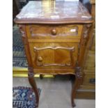 A French walnut marble-top bedside pot cupboard, on carved cabriole legs, W38cm