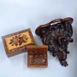 A carved wood wall bracket, height 25cm, a Tunbridge Ware box with floral lid, and a boxed set of