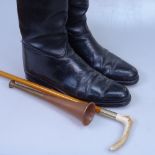 A pair of Vintage leather riding boots, crop and horn