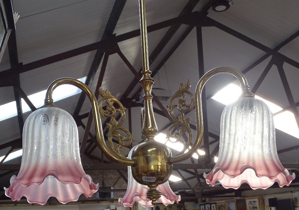 A brass 3-branch ceiling light with glass shades, 48cm across - Image 2 of 2