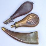 An Antique copper powder flask, a horn shot flask, and a leather shot flask with brass mount