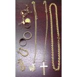 A 9ct gold rope twist chain and matching earrings, a 9ct gold cross and chain, and a 9ct gold