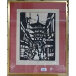 Ini Kumo, 20th century Japanese woodblock print, street scene, no. 120/700, signed, 13.5" x 10",