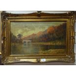 W Richards?, oil on canvas, lake scene, signed, 11" x 19.5", framed