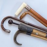 Walking sticks with silver mounts, a horn-handled stick etc (6)