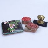 A cloisonne cigarette case, cinnabar-mounted embossed copper pillboxes, and a novelty snuff box