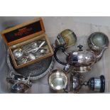 A box containing plated tea set, a tray etc