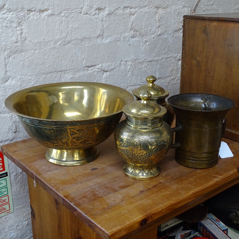 A pair of Oriental pots, 15.5cm, a bowl, and a bronze pestle - Image 2 of 2