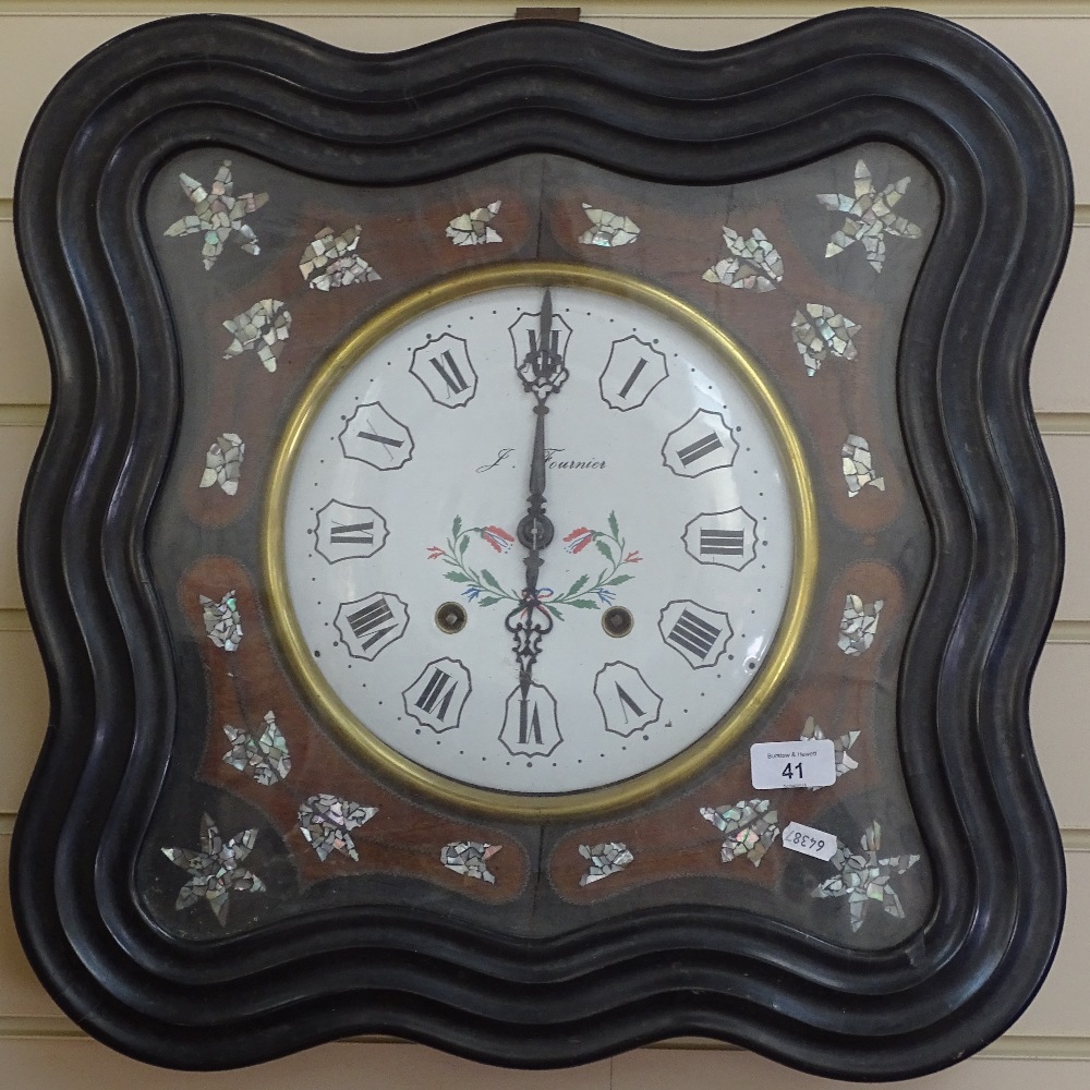 A French 2-train wall clock in ebonised frame, with inlaid mother-of-pearl decoration, by J