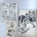 3 1940s original cartoons by Tom Webster, depicting boxers and other sporting figures, largest 38cm