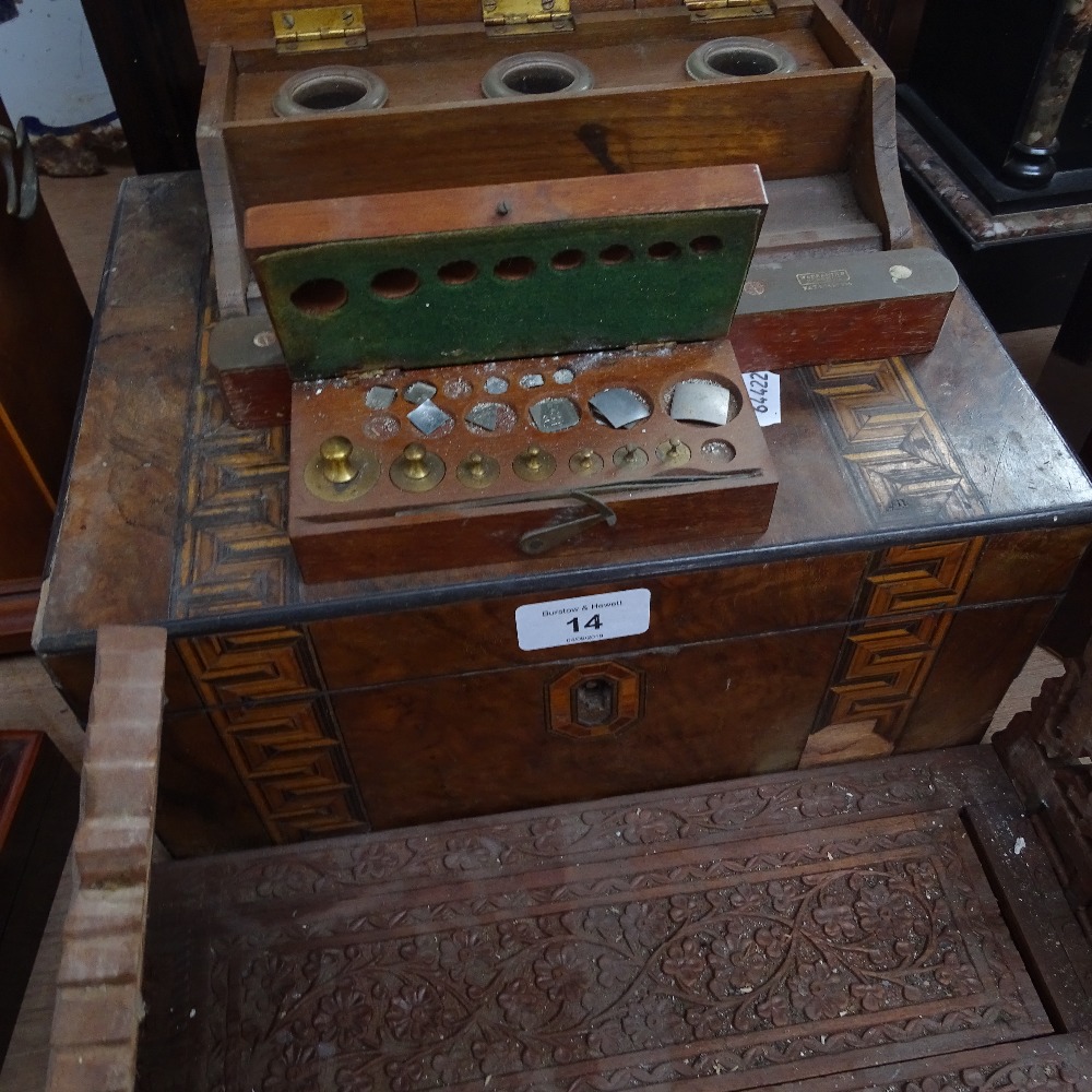 A table-top cabinet, height 30.5cm, a desk stand, weights, a spirit level, a writing slope, and an - Image 2 of 2