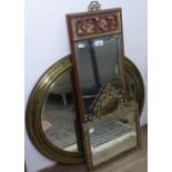 A circular brass-framed wall mirror, an Oriental design rectangular bevelled-edge wall mirror, and