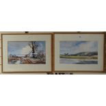 John Pillow, 2 watercolours, rural landscapes, signed, 11" x 17", framed