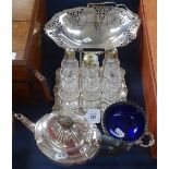 An Aesthetic 6-section cruet set with 6 bottles, an Elkington plated teapot, a swing-handled