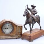 A Continental cast-brass figure on horseback on oak plinth, height 29cm, and an oak-cased mantel