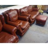 A brown leather upholstered 3-piece suite, comprising 2-seater settee, a pair of matching armchairs,