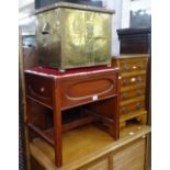 An upholstered sewing stool, and an Arts and Crafts brass log box