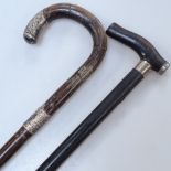 2 walking sticks with silver mounts, a stick stand, and a box with a bull's nose ring, horn stalks