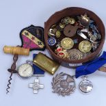 Pocket watches, badges, buttons, an Antique corkscrew etc