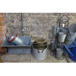 A collection of galvanised metal buckets, coal buckets, pots and pans