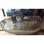An oval 2-handled galleried tea tray, a plated coffee pot, a toast rack, a muffin dish etc