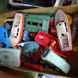 Diecast model figures, games, and Rovex Bentley, and a box with plastic toy boats, a yoyo etc