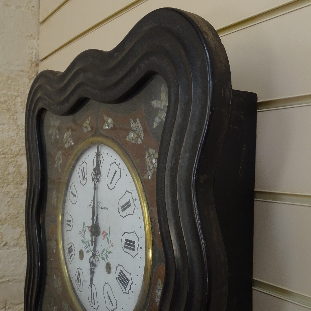 A French 2-train wall clock in ebonised frame, with inlaid mother-of-pearl decoration, by J - Image 2 of 2