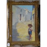 Oil on board, Continental street scene, indistinctly signed, 21.5" x 13", framed