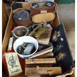 Binoculars, a Dutch figure plaque, leather-bound books, toys etc