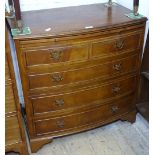 A small reproduction mahogany bow-front batchelor's chest, with 4 long drawers, on bracket feet,