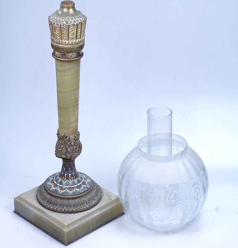 A Vintage onyx lamp with enamelled brass mounts, chimney and shade, base height 47cm (incomplete) - Image 2 of 2