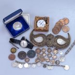 A coin bracelet, a wristwatch, a cased Fiji silver coin, and an Eastern buckle