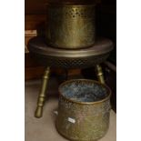 A pair of Eastern brass pots, and a eastern brass stool with painted top, diameter 35cm