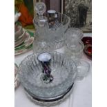 A cut-glass decanter and stopper, glass bowls etc