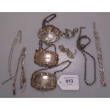 3 silver decanter labels, silver necklaces and chains