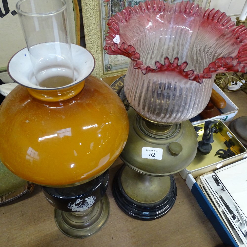 A brass oil lamp with a cranberry glass shade and chimney, height 61cm, and another oil lamp - Image 2 of 2