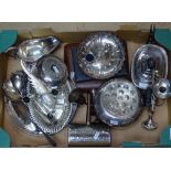 A box containing plated teaware, a nut dish, cutlery etc