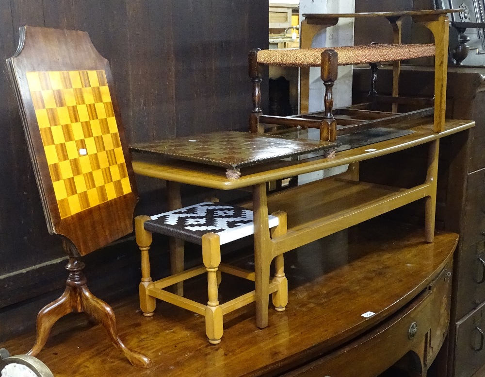 A teak rectangular 2-tier coffee table, stools, a games-top table etc (6)