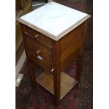 A pitch pine marble-top bedside cupboard, W34cm
