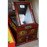 An Oriental painted lacquered jewellery cabinet with mirror