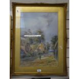 E Nevil, watercolour, old cottages nearing Goring, signed, 22" x 15", framed