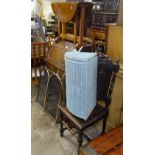 A panelled oak bureau, a coaching table, a pine corner cupboard, a laundry bin, a side chair etc (7)