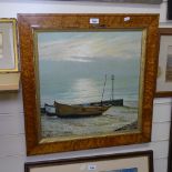 Oil on board, beached boats, indistinctly signed, 19" x 18", framed