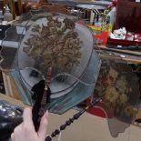 A pair of 19th century fans with embroidered screens and turned wood handles, length 38cm, and other