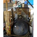 A steel helmet, a parasol, decanters, prints etc