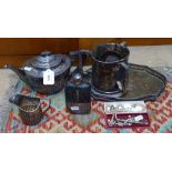 Silver plated teaware, a commemorative tyg, a tray, costume jewellery, a hip flask etc